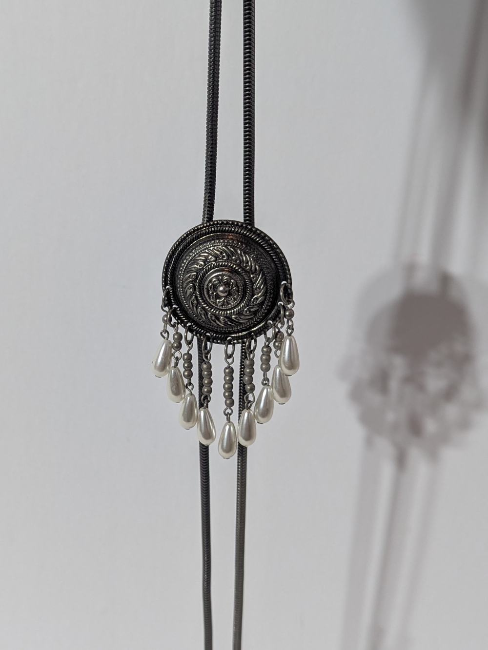 Silver-Tone Decorative Bolo Style Necklace with Pearl Drops
